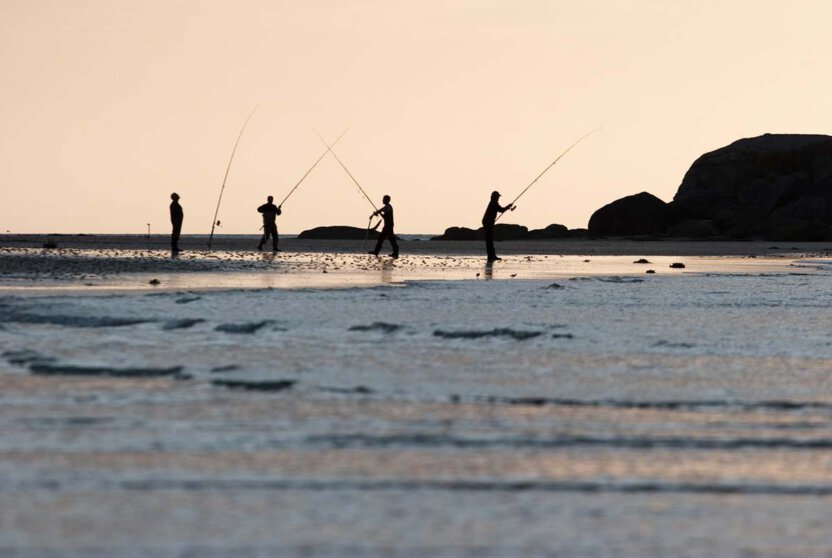 Angler am Strand im Gegenlicht